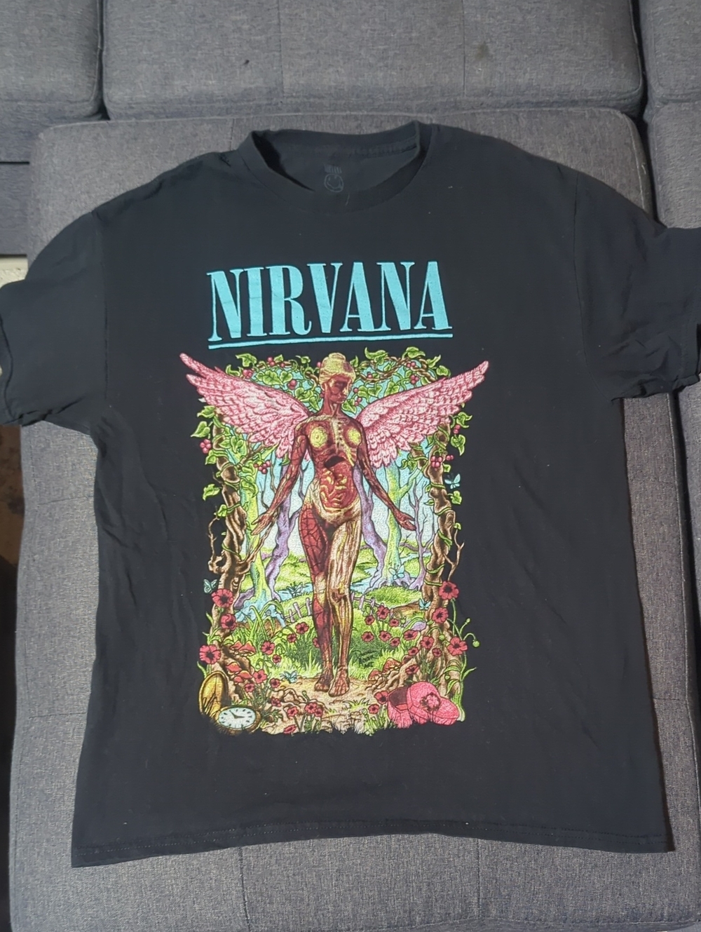NIRVANA Black Tee with Pink Angel and Turquoise Logo